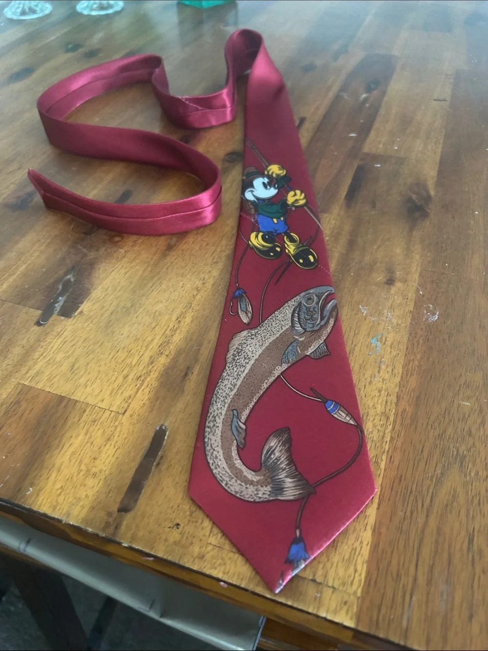 Novelty Red Mickey Mouse Cartoon  Fish Motif Italian Pure Silk Tie: 57